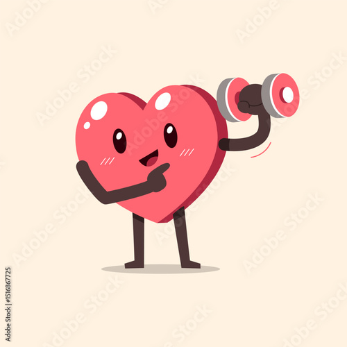 Cartoon heart character doing dumbbell weight training