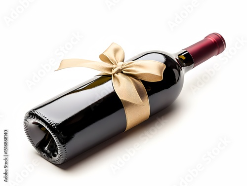 An elegant bottle of red wine, perfectly wrapped with a beautiful bow, signifying a special gift. It exudes luxury and celebration photo