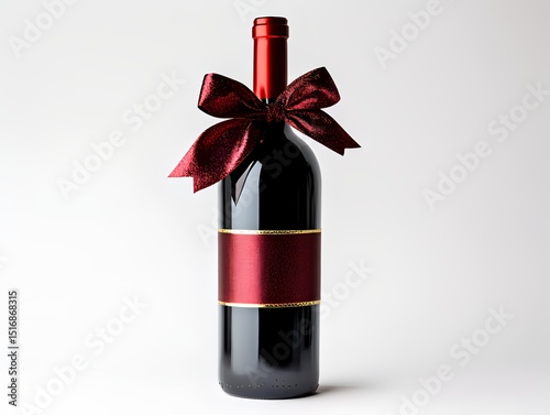 A bottle of red wine with a bow for gift. The gift bottle looks luxurious and inviting