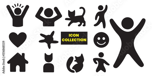 Collection of simple black icons including people, animals and objects
