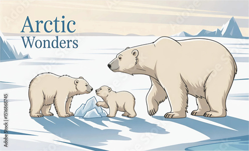 Polar Bear Family in Arctic Landscape Vector Illustration

