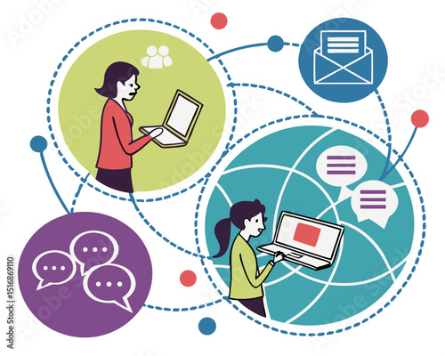 Vector illustration concept of online communication, social media, networking, community group. Creative flat design for web banner, marketing material, business presentation.
