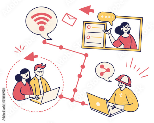 Vector illustration concept of online communication, social media, networking, community group. Creative flat design for web banner, marketing material, business presentation.