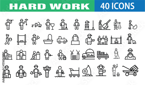 Vector icon set depicting various professions and activities illustrating hard work