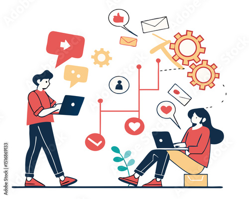 Vector illustration concept of online communication, social media, networking, community group. Creative flat design for web banner, marketing material, business presentation.
