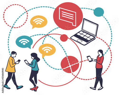 Vector illustration concept of online communication, social media, networking, community group. Creative flat design for web banner, marketing material, business presentation.