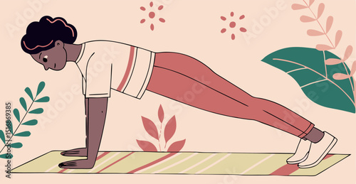 Woman doing plank exercise on yoga mat with botanical elements