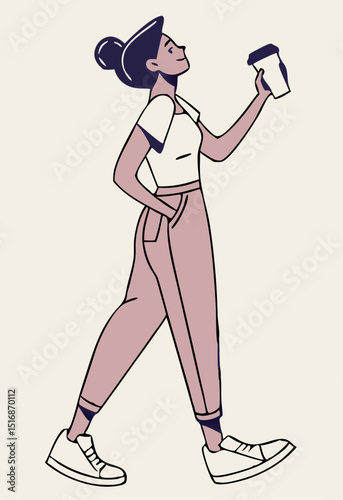 Woman enjoying coffee while walking upward in modern illustration
