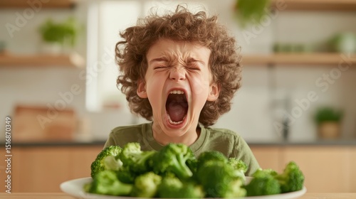 A child expresses exaggerated displeasure while sitting in front of a plate piled high with fresh green broccoli, capturing the common struggle of getting kids to eat vegetables. photo