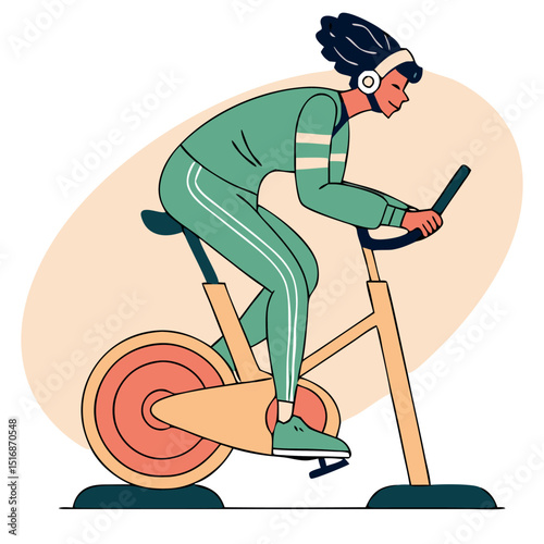 Woman exercising indoors cycling on a stationary exercise bike