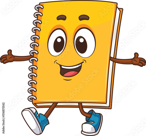 Cartoon excited notebook character walking with arms extended vector illustration