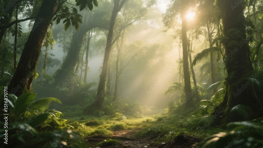 Naklejka premium Sunlit Pathway Through Emerald Green Wilderness Forest
