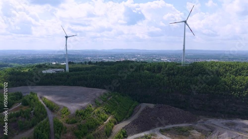 Drone view of a wind turbine in Osnabrueck, Germany (Rundwanderweg Piesberg Nord)