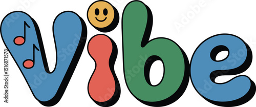 The word vibe in retro font with music notes and smiley face on a light beige background color
