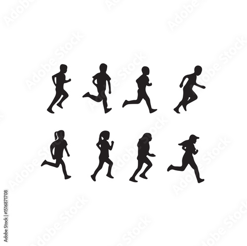 Running Silhouettes of Boys and Girls, Children in Motion – Silhouette Vector, Vector Illustration of Kids Running, Boys and Girls Jogging Silhouettes, Silhouette Art of Children Running,