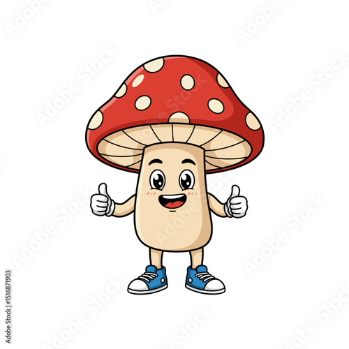 Cute and funny mushroom cartoon character on white background