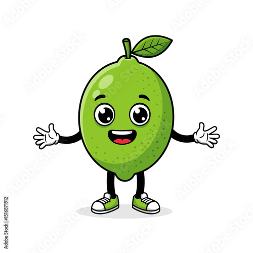 A flat vector cartoon lime character with big eyes, smiling, arms, and sneakers
