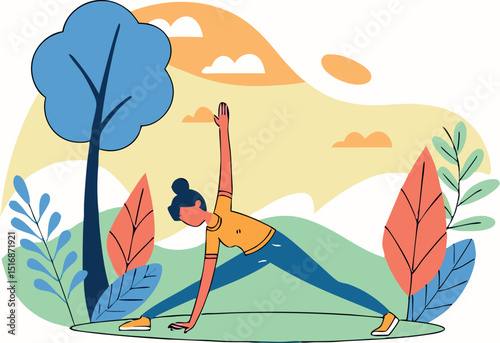 Woman practicing yoga outdoors in park with colorful illustration