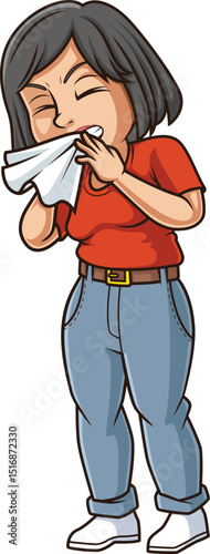 Cartoon middle-aged woman sneezing vector illustration