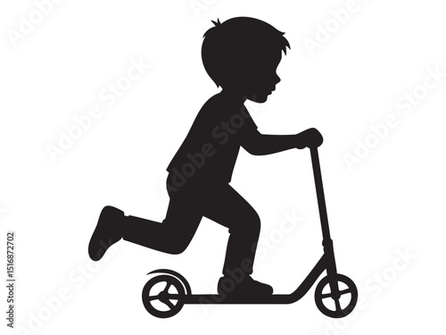 Black silhouette of a boy riding a kick scooter isolated on white background, graphic illustration. concept of child, outdoor play, boyhood adventure, fun, active lifestyle