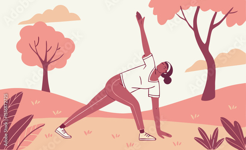 Woman practicing yoga outside in nature doing a trikonasana pose