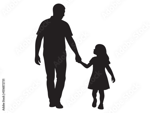 Black silhouette of a man walking while holding hands with child girl isolated on white background. concept of fatherhood, family bond, parenting, childhood, love, design element, father and daughter