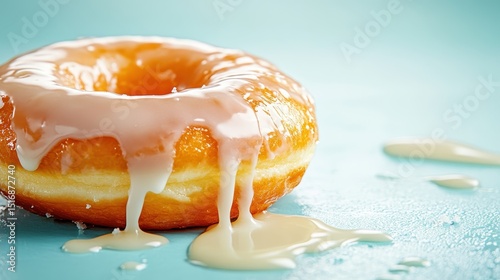 An appetizing glazed donut drizzled with creamy frosting sits temptingly on a colorful background, enticing viewers with its sweetness and delightful textures. photo