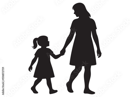 Black silhouette of woman walking hand in hand with child girl, isolated on white background, graphic illustration. concept of family, mother and daughter, bond, parenting, design element