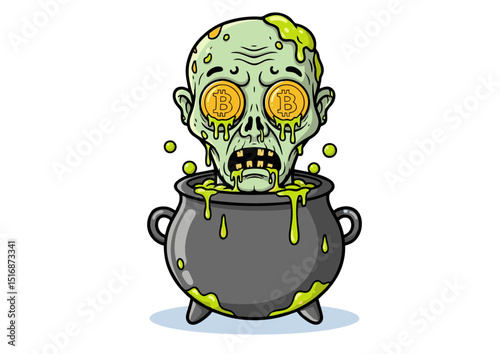 Zombie in Cauldron of Cryptocurrency Spooky Illustration of Bitcoin's Volatility and Market Uncertainty