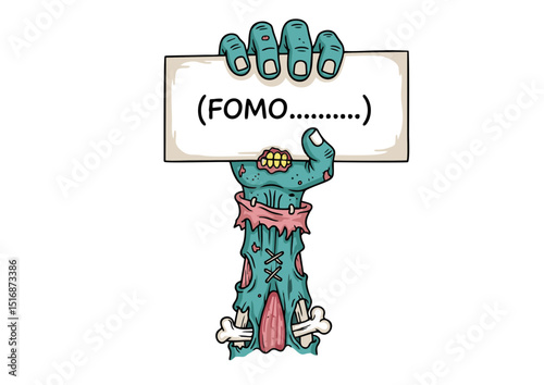 Zombie Hand Holding a Sign with FOMO  Fear of Missing Out Concept Illustration