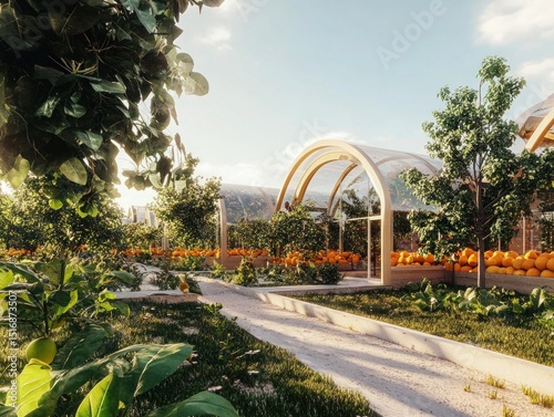 A cozy cottage surrounded by fruit trees, peaceful and dreamy setting