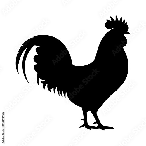 Silhouette of a rooster standing with its head held high and detailed tail feathers visible clearly here