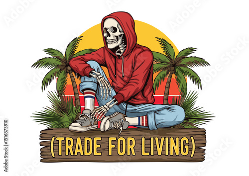 Retro Skeleton in Hoodie and Jeans A Vintage Illustration of Life, Death, and the Exchange of Existence