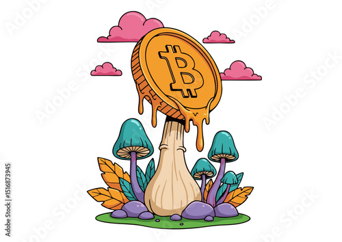 Psychedelic Bitcoin Melting Cryptocurrency Coin on a Mushroom Stem, Digital Illustration