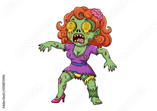 Undead Female Zombie Character Illustration Spooky, Cute, and Creepy Cartoon Zombie Girl Design for Halloween