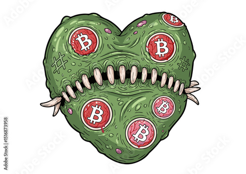 Cryptocurrency Heart A Grotesque Illustration of Bitcoin's Allure and Peril