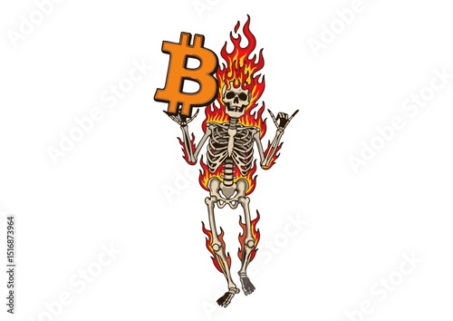 Fiery Bitcoin Skeleton A Flaming Cryptocurrency Illustration