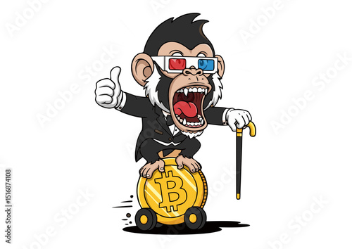 Groovy Chimpanzee Riding Bitcoin Coin A Fun Illustration of Cryptocurrency