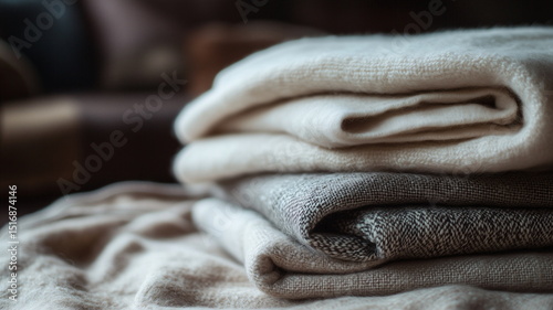 Cozy arrangement of folded linen and wool blankets