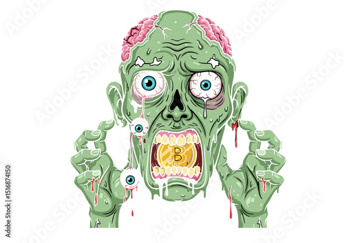 Horrific Zombie Illustration Ghastly Grin, Exposed Brain, and Cryptocurrency Obsession