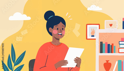 Smiling woman reading a letter while sitting in cozy living room  