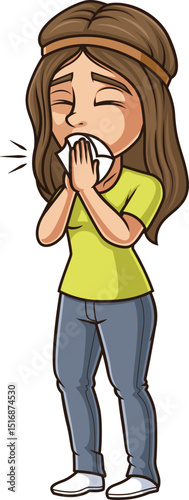 Cartoon young woman coughing vector illustration