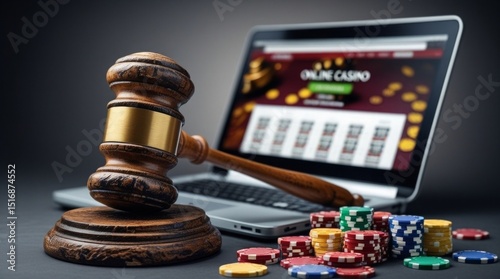 Gavel beside laptop and poker chips, symbolizing legal issues with online gambling, law enforcement, and risky illegal bets