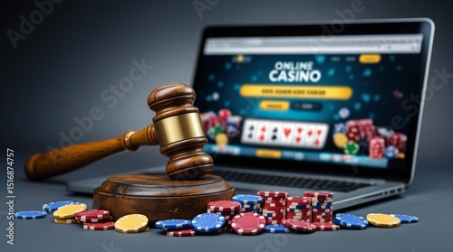 Gavel beside laptop and poker chips, symbolizing legal issues with online gambling, law enforcement, and risky illegal bets