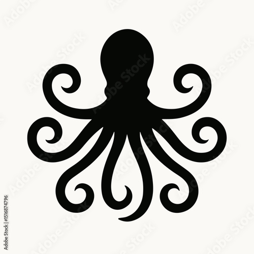 Black Silhouette of an Octopus with Curled Tentacles on White