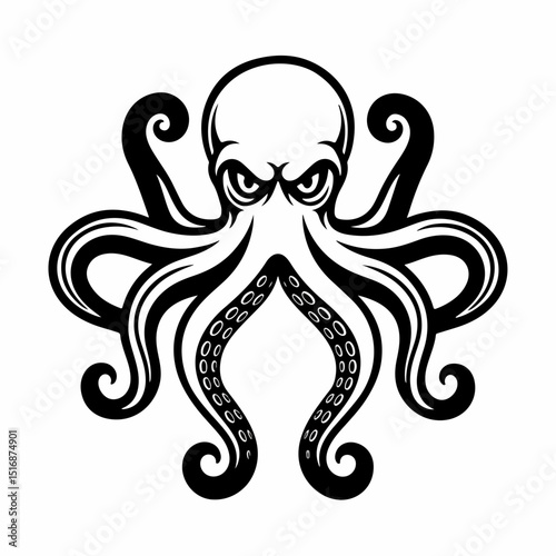 Black and White Octopus Illustration with Angry Expression