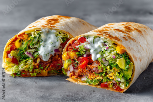Vegetarian Burrito Cut in Half on Warm Gray Background