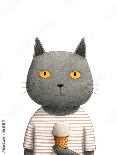 Gray cat character enjoys ice cream on a sunny day, showcasing a playful yet serious expression in a casual setting