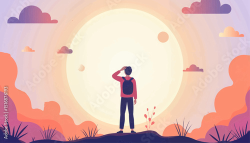Young man looking towards the sunrise while standing in nature  