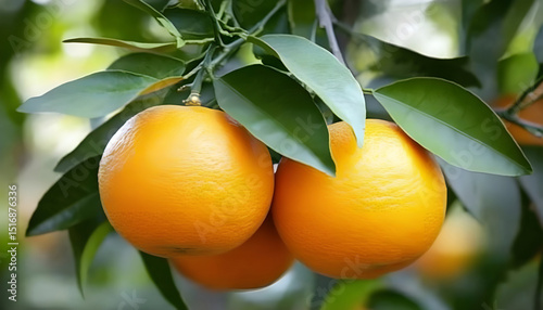 Bunch of fresh ripe oranges hanging on a tree in orange garden